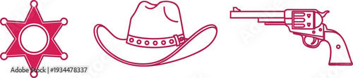 Sheriff Star, Cowboy Hat, and Revolver in Simple Line Art Style