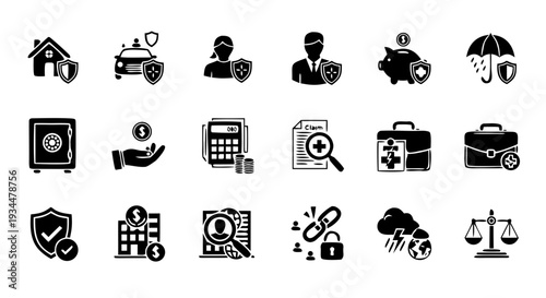 Black Silhouette 20 Insurance and Risk Protection Icon Set Vector – Safety and Coverage Symbols