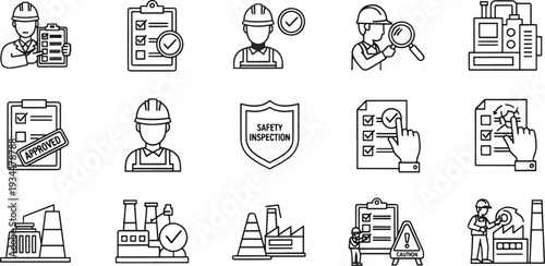 Industrial Safety and Factory Inspection Icons: Quality Control Engineer, Approved Checklist, and Manufacturing Safety Symbols