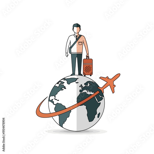Traveler with Suitcase on Globe, Airplane Flying Around World, Global Business Trip Concept