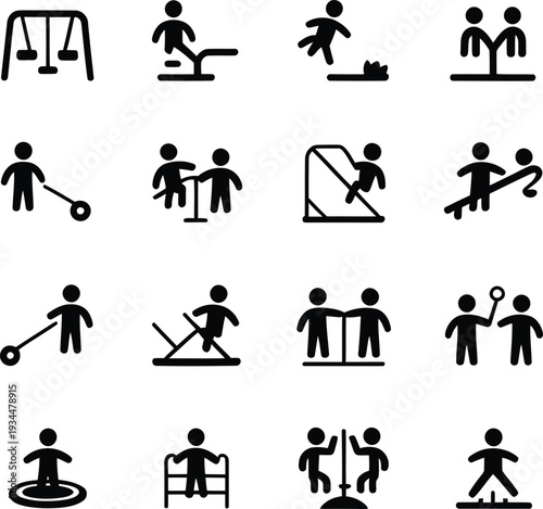 Minimal black silhouette icons depicting various children and adults enjoying playground activities and sports in a park setting.
