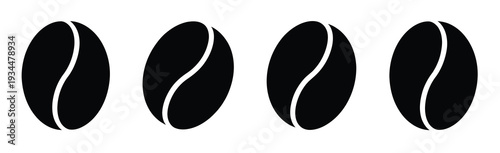 Coffee Bean Icon Collection, Black Vector Illustrations Featuring Simple Caffeine Symbols, Coffee Elements, and Beverage Graphics for Cafés, Restaurants, and Digital Design Applications.