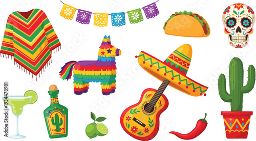 Colorful Poncho, Pinata, Taco, Guitar, and Traditional Symbols for Celebrations and Parties