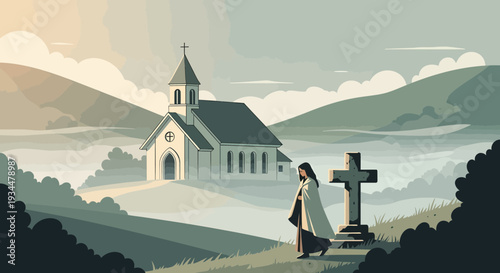 Woman praying at a cross near a church.