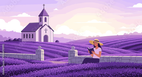 Woman in straw hat reading book in lavender field.