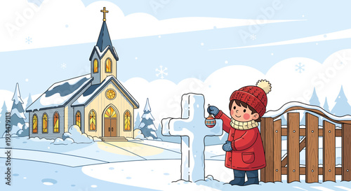 Young child in winter clothes decorating a cross.