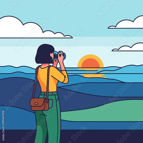 Woman photographer capturing scenic sunset over ocean waves, travel photography concept