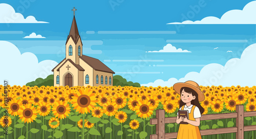 Young girl in straw hat holding book in sunflower field.