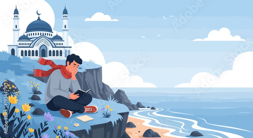 Young man sitting on cliff writing in notebook.