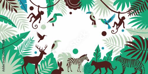 A vibrant illustration depicting diverse animals within a lush jungle setting
