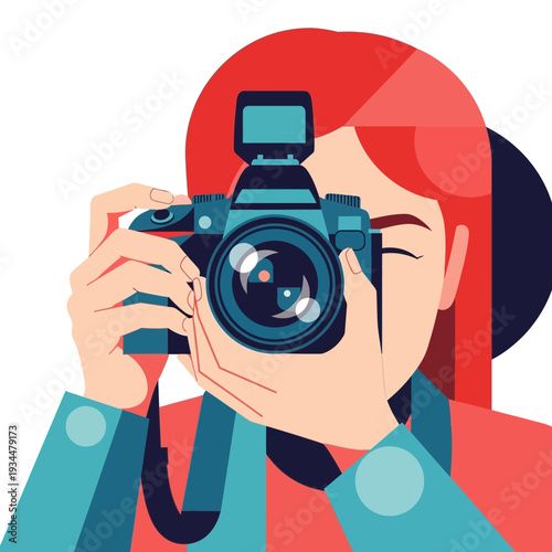 Woman photographer taking a picture with a professional DSLR camera, close-up shot