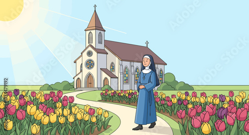 A nun in a blue habit stands in a garden.