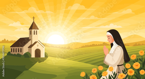 A nun praying in a field of flowers at sunrise.