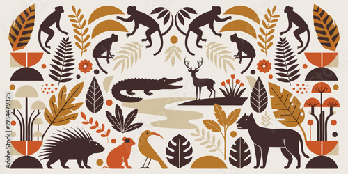 Stylized illustration featuring diverse wildlife amidst lush tropical foliage