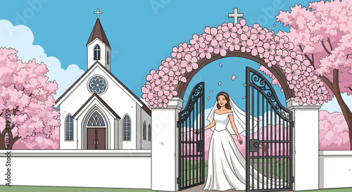 Beautiful Bride Standing Outside Church Gates.