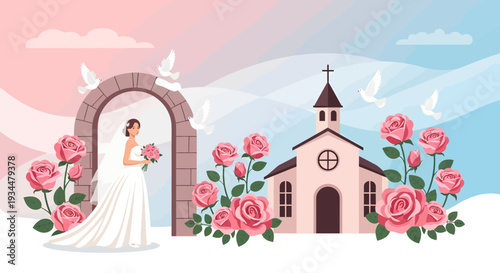 Beautiful Bride Standing Under Archway Holding Bouquet.