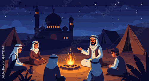 Bedouin storyteller shares tales around campfire with children.