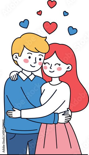 Cartoon couple hugging with hearts above them red hair