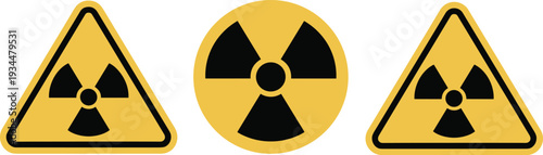 Black radiation warning symbols in triangular and circular designs on yellow backgrounds for safety, health, and nuclear hazard themes.