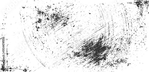 Black ink splatter and scratches on white textured background with circular pattern grunge distressed