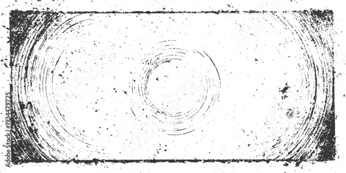 Grungy distressed rectangular frame with concentric circular brush strokes and scattered speckles grunge