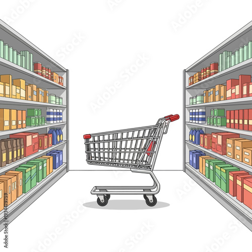Shopping cart in a supermarket aisle with shelves full of products