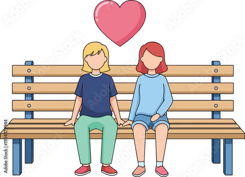 Two cartoon children sitting on a bench under a pink heart