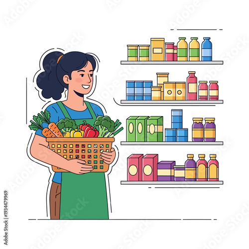 Smiling woman holding basket of fresh vegetables and fruits in grocery store aisle