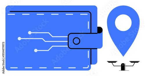 Digital finance, cryptocurrency, navigation, decentralized systems, fintech innovation, modern economy. Blue wallet with circuitry, location pin balance scale. Digital finance and cryptocurrency