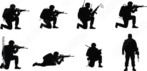 Set of military soldier silhouettes in various tactical poses including kneeling aiming prone shooting and radio communication isolated on white background