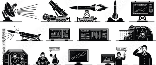Military missile defense system icons set featuring radar rocket launch telemetry data control room personnel and tactical nuclear warhead operation silhouettes