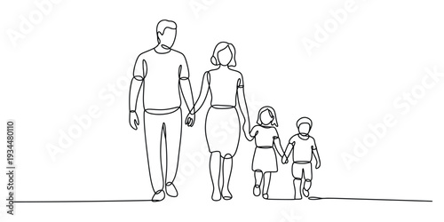Minimalist one line drawing of a happy family walking together