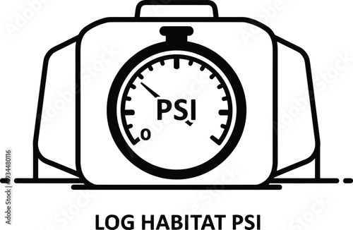 Technical Line Art Icon of Log Habitat PSI Pressure Gauge Meter for Industrial Monitoring Measurement and Equipment Maintenance Engineering Documentation Vector Illustration