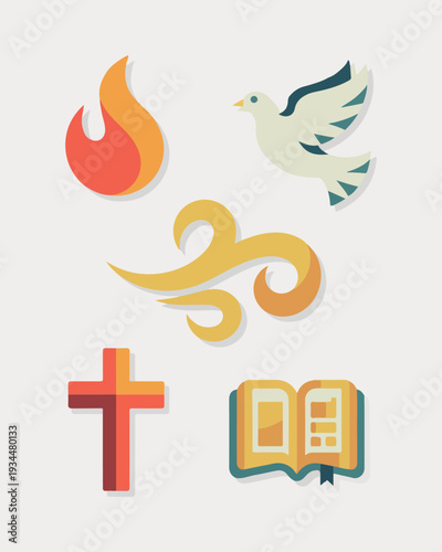 Christian symbols flame dove cross open book christianity
