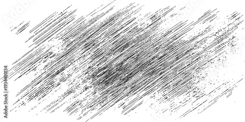 Black diagonal scribbled lines and speckles on a white background abstract texture