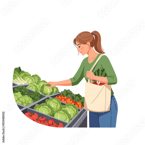 Woman choosing fresh cabbage at a grocery store vegetable aisle, healthy food shopping.