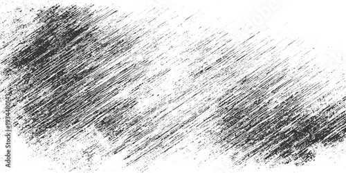 Black diagonal scratch texture on white background with speckled dots and rough edges abstract