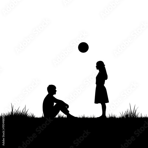Couple Silhouette Under Full Moon, Romantic Evening, Grass Field