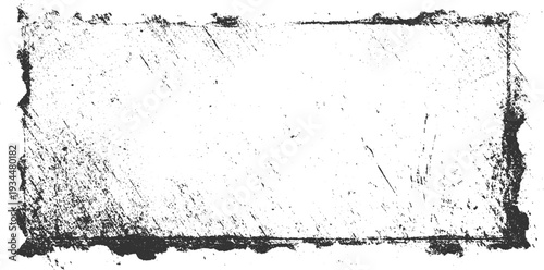 Distressed grunge rectangular frame with rough textured edges and scattered speckles border