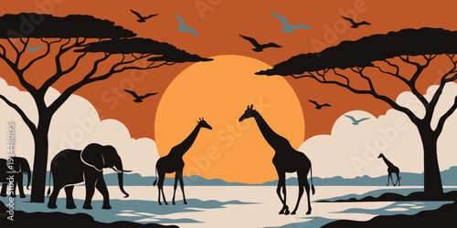African savanna scene with giraffes elephants and a vibrant sunset