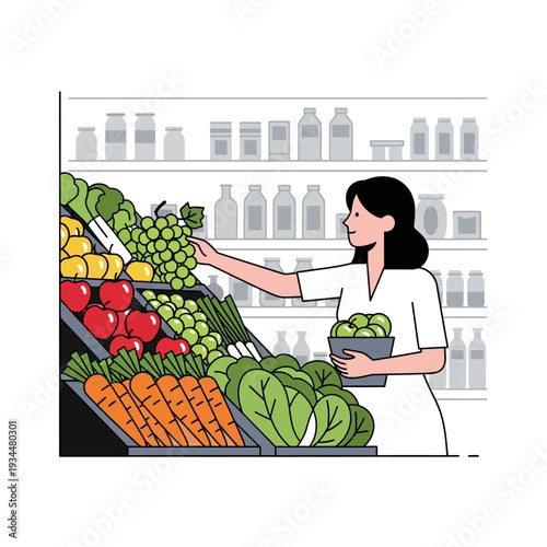 Woman Choosing Fresh Grapes in Grocery Store Produce Section