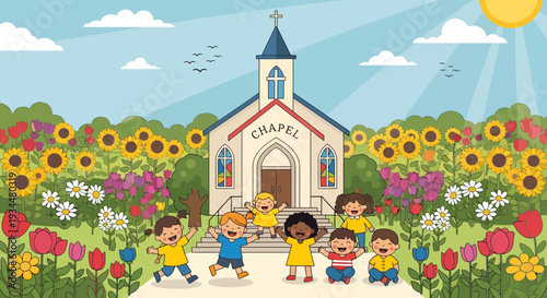 Diverse group of happy children celebrating outside a church.