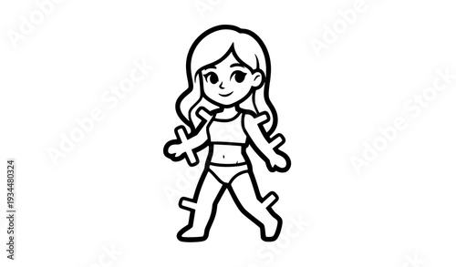 Cute walking fashion paper doll girl cartoon vector illustration isolated on white background printable design