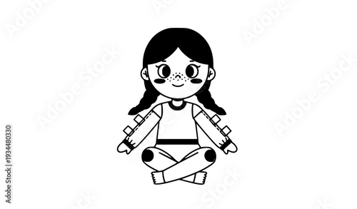 Adorable seated paper doll girl dress up character flat vector isolated on white background