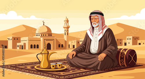 Elderly Arab Man Sitting CrossLegged on Rug Enjoying Coffee.