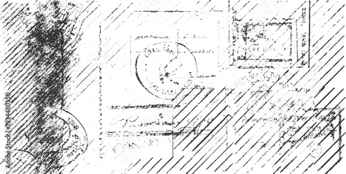 Distressed vintage paper texture with handwritten script and postage stamps grunge