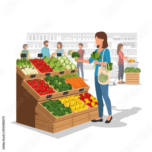 Woman choosing fresh broccoli at a grocery store produce section, healthy food shopping