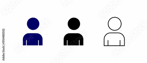 Simple user account profile icon in blue solid, black solid and line styles.