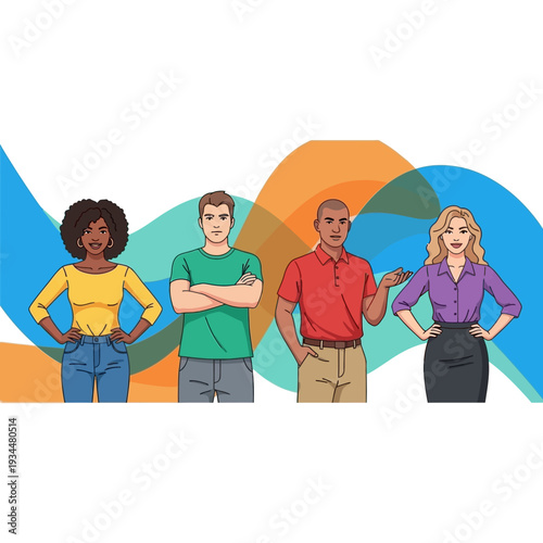 Diverse group of four people standing confidently with colorful abstract background