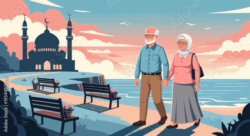 Elderly Muslim Couple Walking Together by the Sea.
